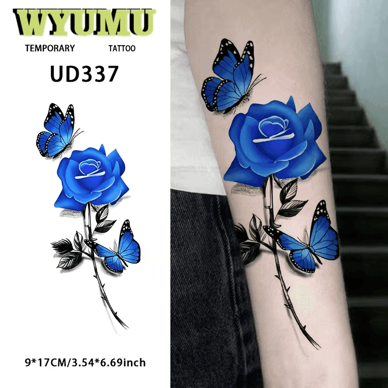 Unelmoivaansininen ruusu perhonen yrttinen väliaikainen tatoo tarra, korkean kylläisyyden sininen ruusu dynaamisten perhosten kanssa, mustan harmaan musteoksien kerrostehoste, Su-1