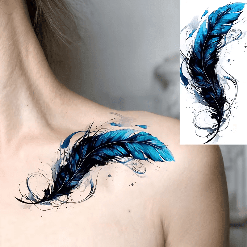Sininen Sulka Temporary Tattoo Tatuointi Sekä Miehille Että Naisille, Sopii Sormille, Nilkoille, Vyötärölle, Jaloille, Reisille, Kyynärvarteen, Pohkeisiin. Tämä Vesiselvä Ja Pitkäkestoinen-5