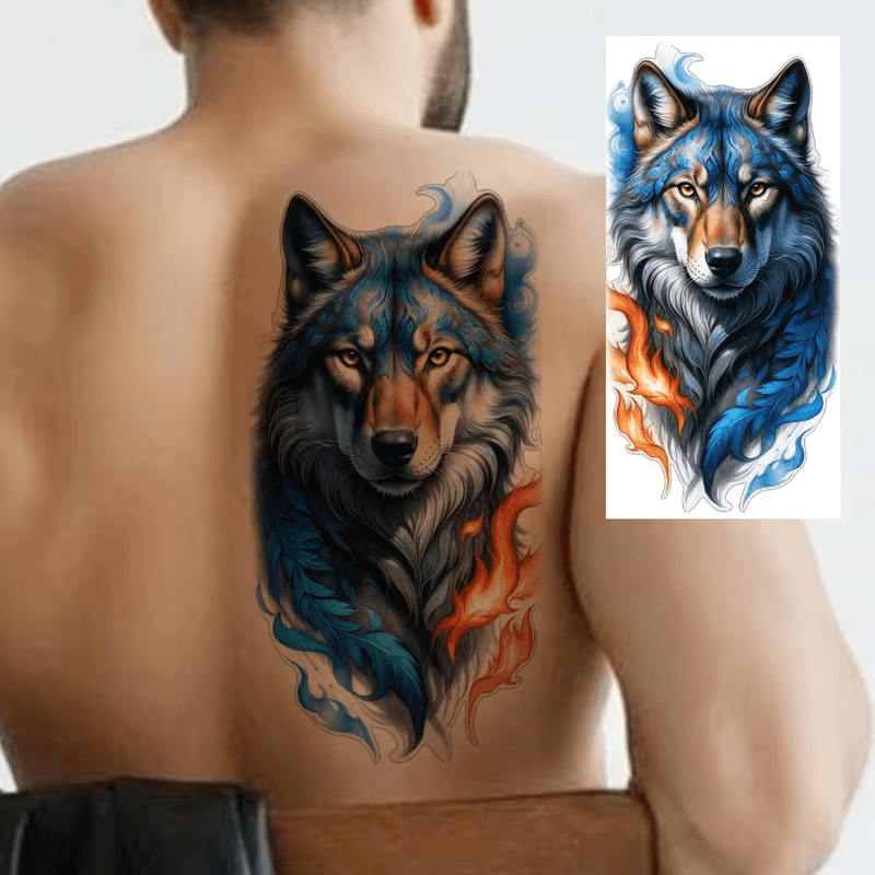 1 Sivu Karhu lieskät temporary tattoo -soveltuvat naisille ja miehille - vedenkestävät realistiset feikki tatuointitarra, susi ja liekkivärit, pitkäkestoinen keho Pa-2