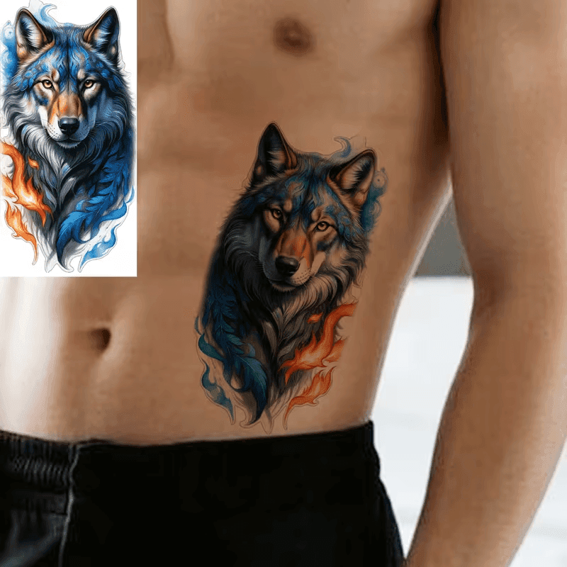 1 Sivu Karhu lieskät temporary tattoo -soveltuvat naisille ja miehille - vedenkestävät realistiset feikki tatuointitarra, susi ja liekkivärit, pitkäkestoinen keho Pa-3