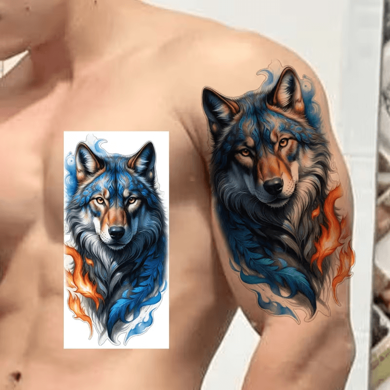 1 Sivu Karhu lieskät temporary tattoo -soveltuvat naisille ja miehille - vedenkestävät realistiset feikki tatuointitarra, susi ja liekkivärit, pitkäkestoinen keho Pa-5