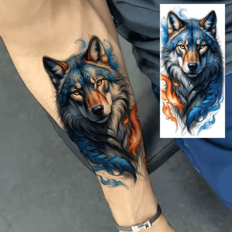 1 Sivu Karhu lieskät temporary tattoo -soveltuvat naisille ja miehille - vedenkestävät realistiset feikki tatuointitarra, susi ja liekkivärit, pitkäkestoinen keho Pa-6