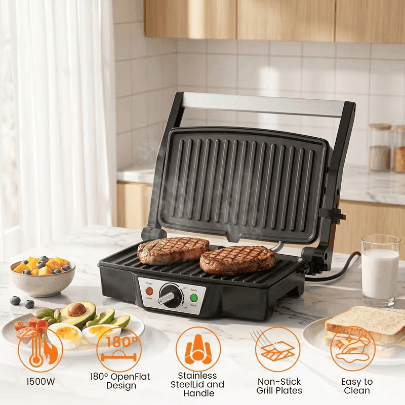 SUPERLEX 1500W for panini Press Gril, Aluminum Electric Griddle Opens 180 for Flat Topgrilling, Non-Stick Plates, Easy Clean & Portable, for Panini, Burgers,-3