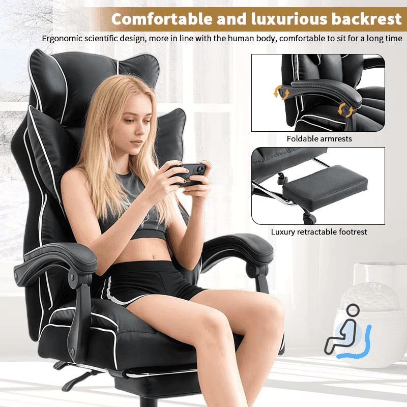 Ergonomic Height Adjustable PU Leather Gaming Chair, 5-Wheel Base, Soft Foam Cushion, Firm Back Support -, Suitable for Adults and Teens, Carpet-Friendly Roll-1