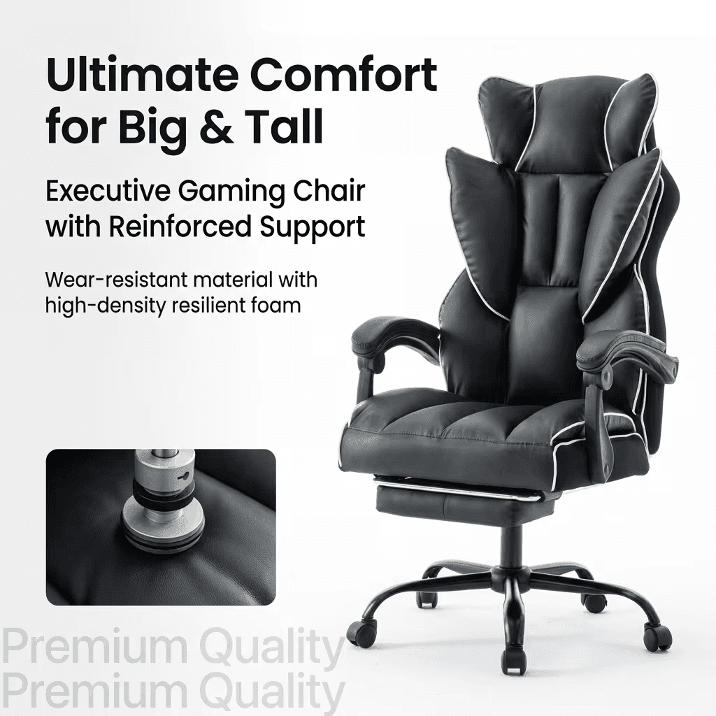 Ergonomic Height Adjustable PU Leather Gaming Chair, 5-Wheel Base, Soft Foam Cushion, Firm Back Support -, Suitable for Adults and Teens, Carpet-Friendly Roll-12