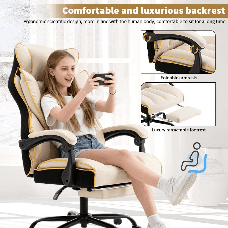 Ergonomic Height Adjustable PU Leather Gaming Chair, 5-Wheel Base, Soft Foam Cushion, Firm Back Support -, Suitable for Adults and Teens, Carpet-Friendly Roll-2