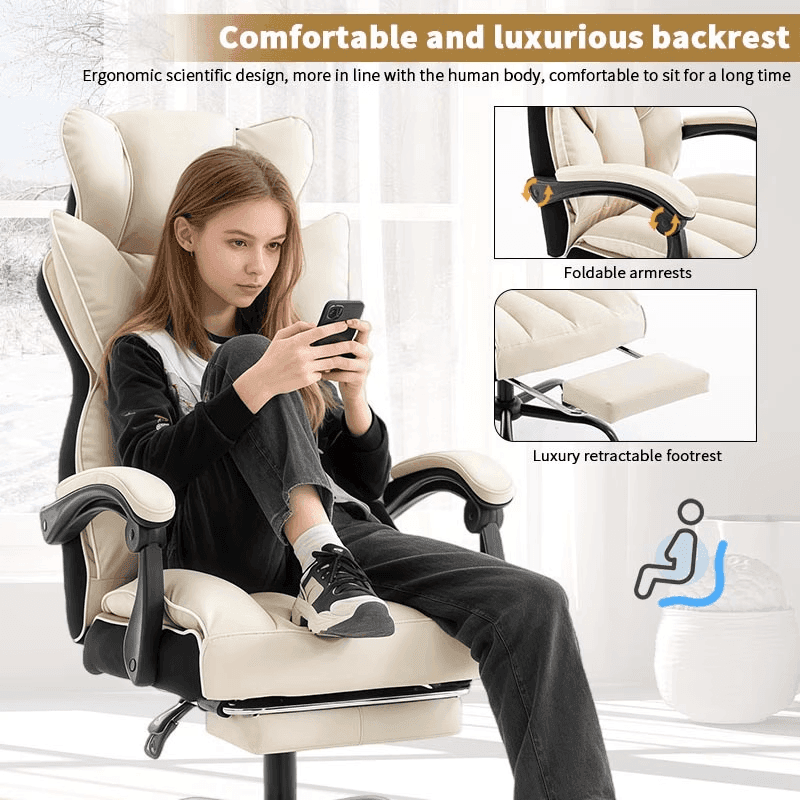 Ergonomic Height Adjustable PU Leather Gaming Chair, 5-Wheel Base, Soft Foam Cushion, Firm Back Support -, Suitable for Adults and Teens, Carpet-Friendly Roll-3