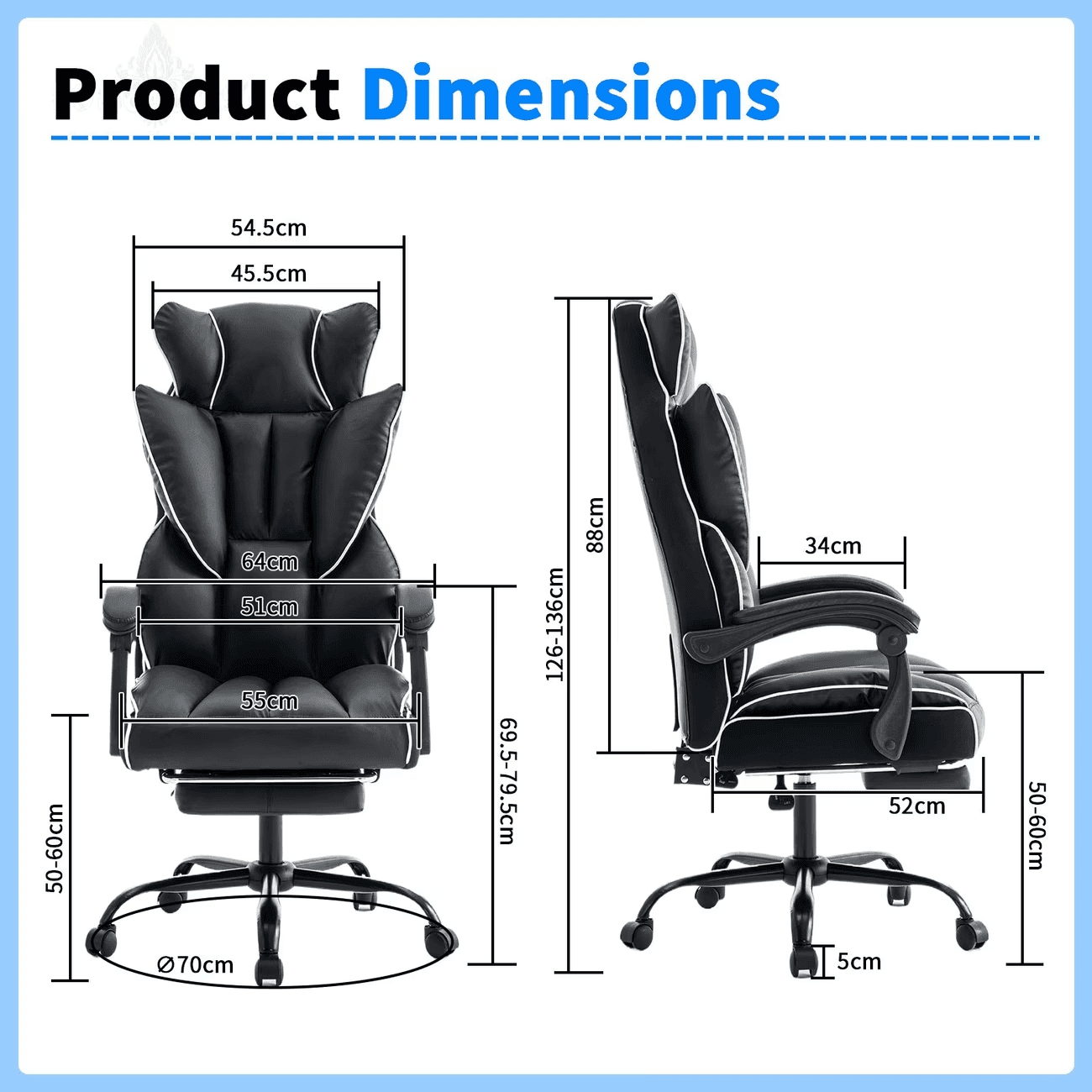 Ergonomic Height Adjustable PU Leather Gaming Chair, 5-Wheel Base, Soft Foam Cushion, Firm Back Support -, Suitable for Adults and Teens, Carpet-Friendly Roll-7